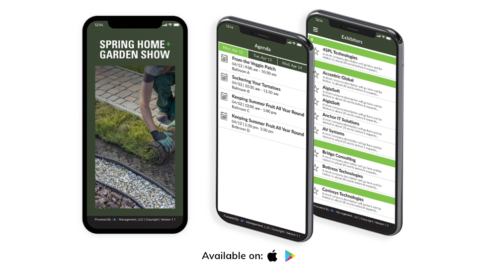Three phone screens displaying a home and garden show app available on Apple App and Google Play stores